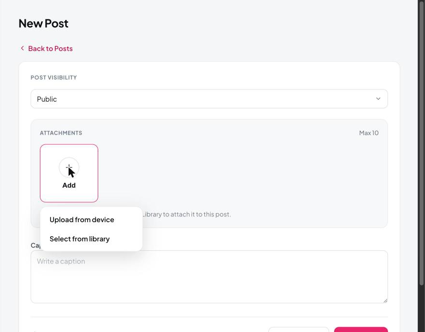 The attachment menu, showing Upload from device and Select from library options